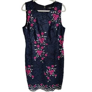 DKNY Dress Floral Lace Overlay Blue Lined Sheath Size 12/L Cocktail Feminine